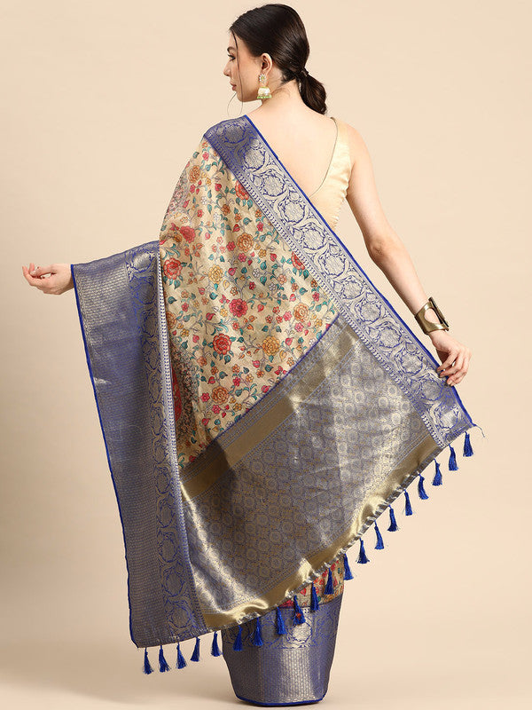 Beige Munga Silk Digital Print Floral Saree with Unstitched Blouse - Hiral Fashion | Grocsy