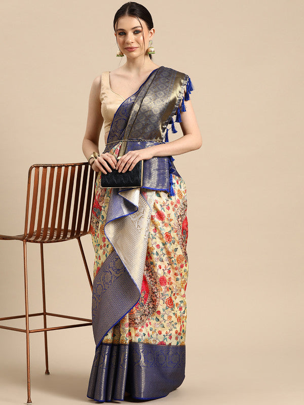 Beige Munga Silk Digital Print Floral Saree with Unstitched Blouse - Hiral Fashion | Grocsy