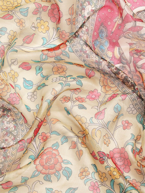 Beige Munga Silk Digital Print Floral Saree with Unstitched Blouse - Hiral Fashion | Grocsy