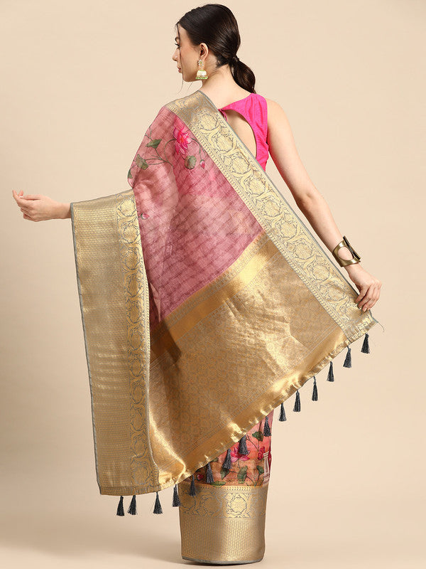 Beige Munga Silk Digital Print Floral Saree with Unstitched Blouse - Hiral Fashion | Grocsy