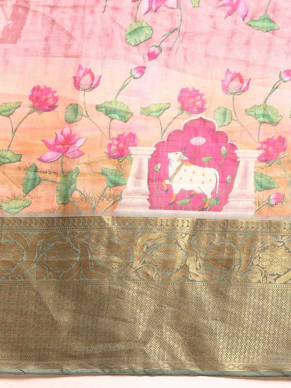 Beige Munga Silk Digital Print Floral Saree with Unstitched Blouse - Hiral Fashion | Grocsy