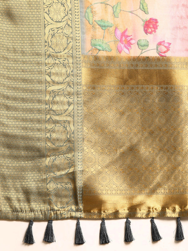 Beige Munga Silk Digital Print Floral Saree with Unstitched Blouse - Hiral Fashion | Grocsy