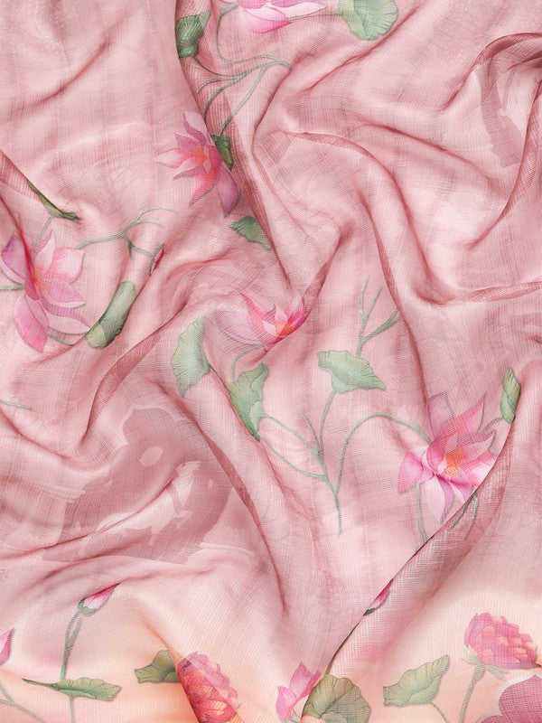 Beige Munga Silk Digital Print Floral Saree with Unstitched Blouse - Hiral Fashion | Grocsy