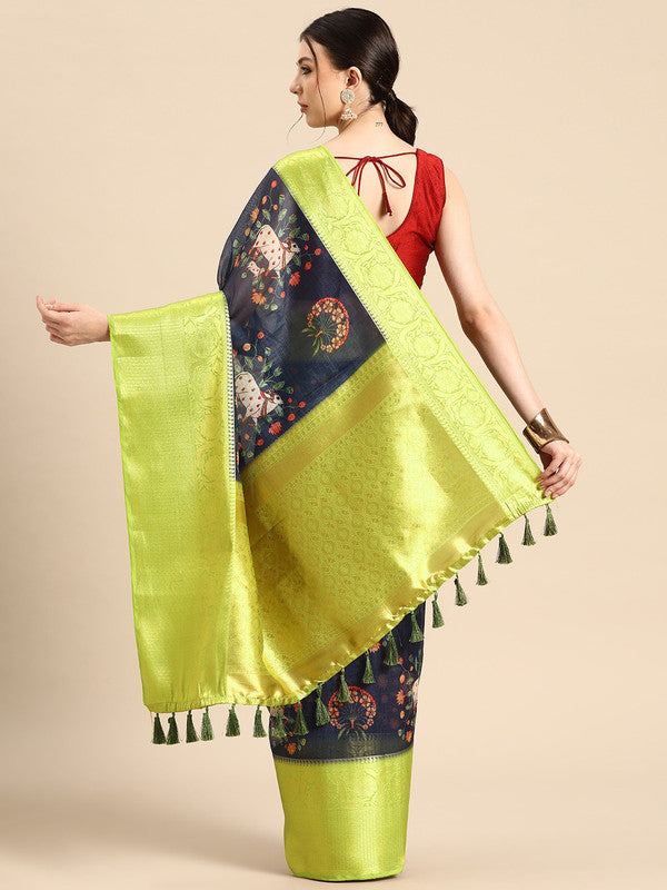 Navy Blue Munga Silk Digital Print Animal Print Saree with Unstitched Blouse - Hiral Fashion | Grocsy