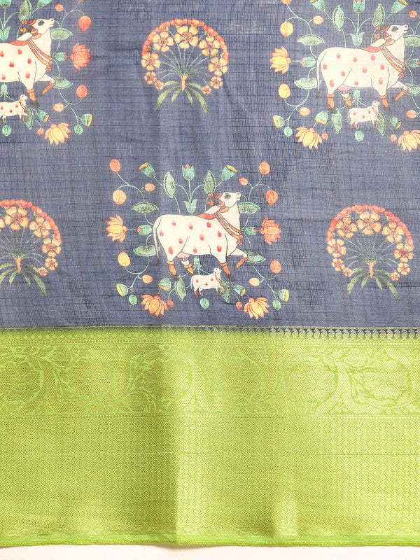 Navy Blue Munga Silk Digital Print Animal Print Saree with Unstitched Blouse - Hiral Fashion | Grocsy