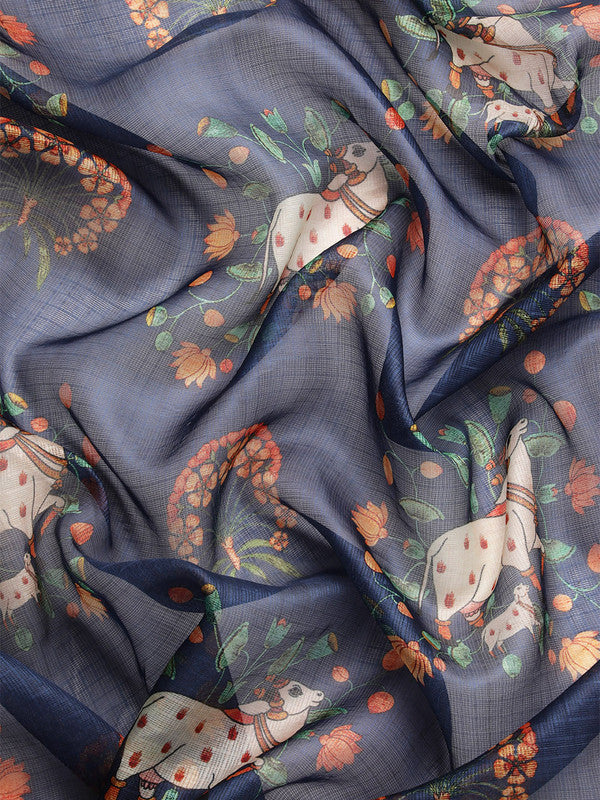 Navy Blue Munga Silk Digital Print Animal Print Saree with Unstitched Blouse - Hiral Fashion | Grocsy