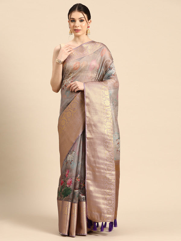 Gray Munga Silk Digital Print Kalamkari Saree with Unstitched Blouse - Hiral Fashion | Grocsy