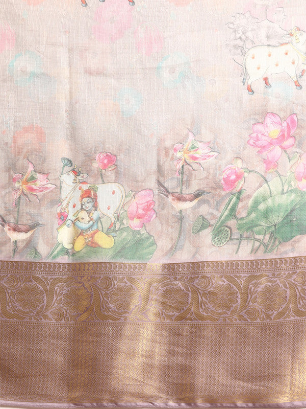 Gray Munga Silk Digital Print Kalamkari Saree with Unstitched Blouse - Hiral Fashion | Grocsy
