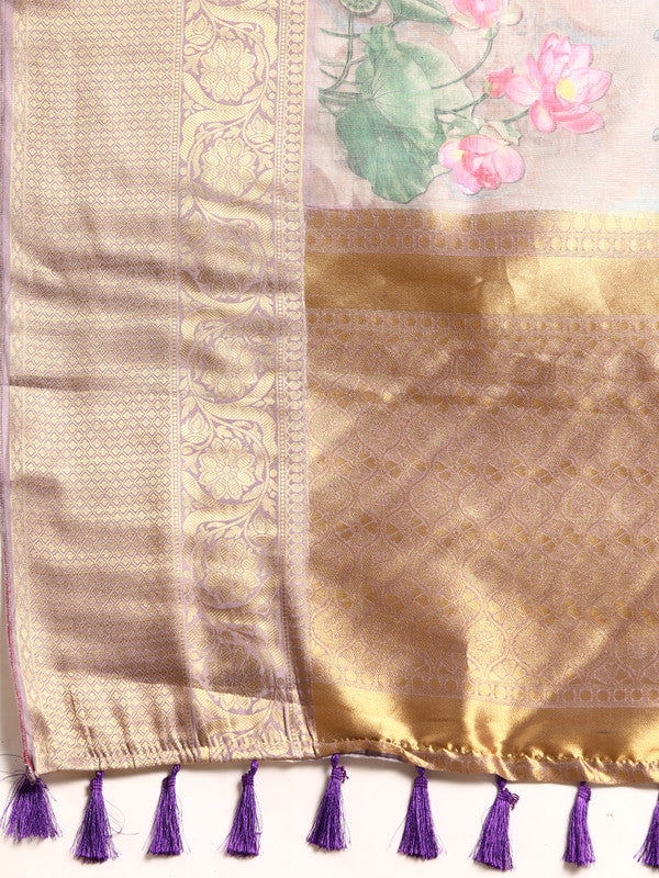 Gray Munga Silk Digital Print Kalamkari Saree with Unstitched Blouse - Hiral Fashion | Grocsy