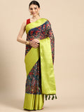 Navy Blue Munga Silk Digital Print Kalamkari Saree with Unstitched Blouse - Hiral Fashion | Grocsy