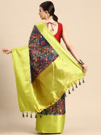 Navy Blue Munga Silk Digital Print Kalamkari Saree with Unstitched Blouse - Hiral Fashion | Grocsy