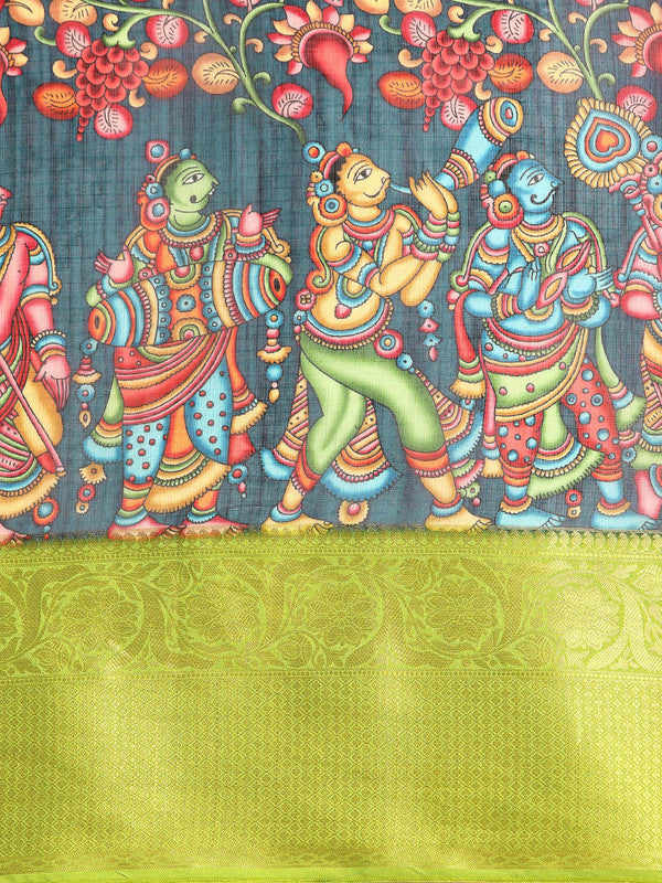 Navy Blue Munga Silk Digital Print Kalamkari Saree with Unstitched Blouse - Hiral Fashion | Grocsy