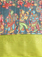 Navy Blue Munga Silk Digital Print Kalamkari Saree with Unstitched Blouse - Hiral Fashion | Grocsy