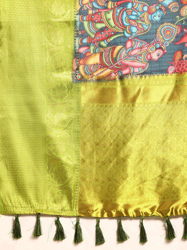 Navy Blue Munga Silk Digital Print Kalamkari Saree with Unstitched Blouse - Hiral Fashion | Grocsy