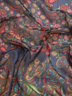 Navy Blue Munga Silk Digital Print Kalamkari Saree with Unstitched Blouse - Hiral Fashion | Grocsy