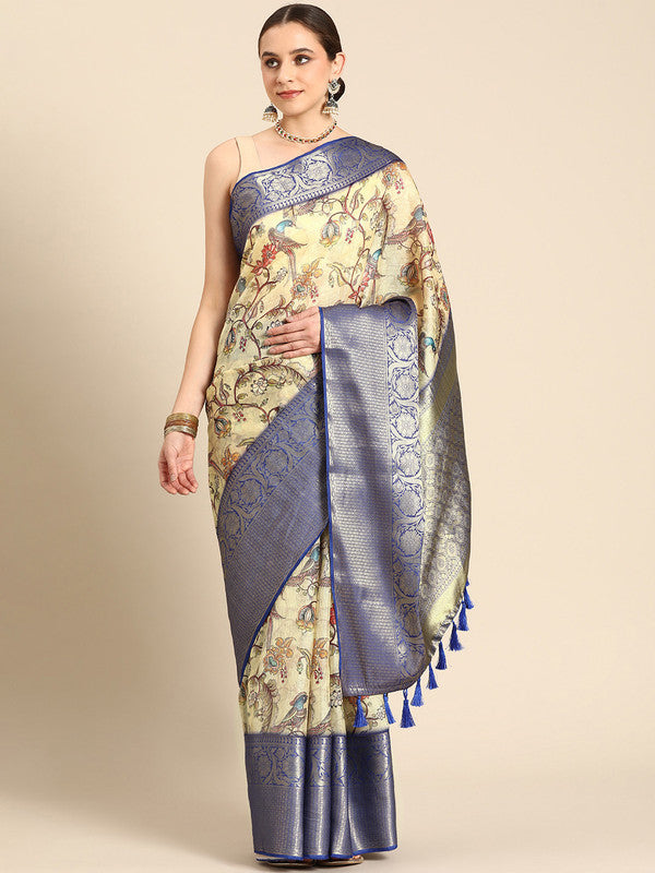 Beige Munga Silk Digital Print Kalamkari Saree with Unstitched Blouse - Hiral Fashion | Grocsy