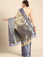Beige Munga Silk Digital Print Kalamkari Saree with Unstitched Blouse - Hiral Fashion | Grocsy