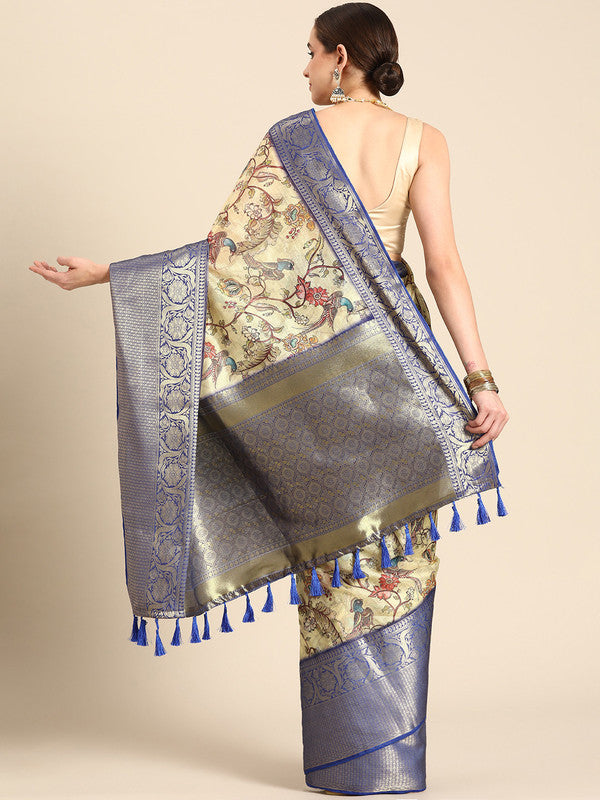 Beige Munga Silk Digital Print Kalamkari Saree with Unstitched Blouse - Hiral Fashion | Grocsy