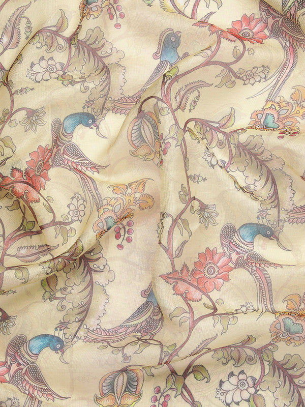 Beige Munga Silk Digital Print Kalamkari Saree with Unstitched Blouse - Hiral Fashion | Grocsy