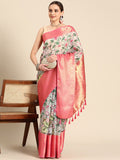 Beige Munga Silk Digital Print Kalamkari Saree with Unstitched Blouse - Hiral Fashion | Grocsy