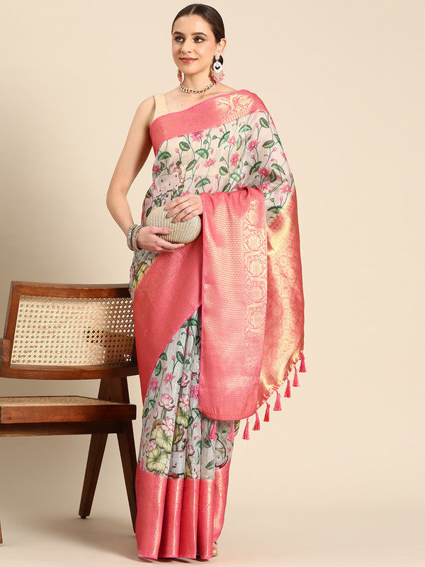 Beige Munga Silk Digital Print Kalamkari Saree with Unstitched Blouse - Hiral Fashion | Grocsy