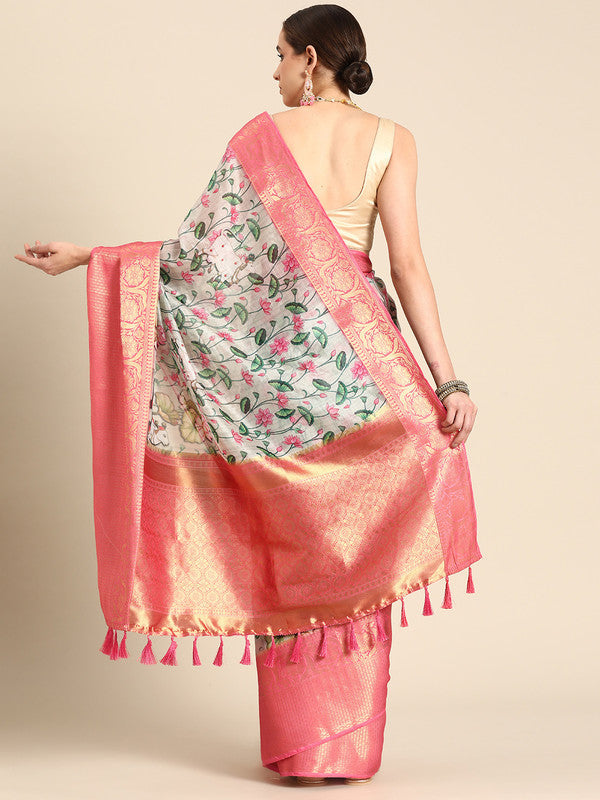 Beige Munga Silk Digital Print Kalamkari Saree with Unstitched Blouse - Hiral Fashion | Grocsy