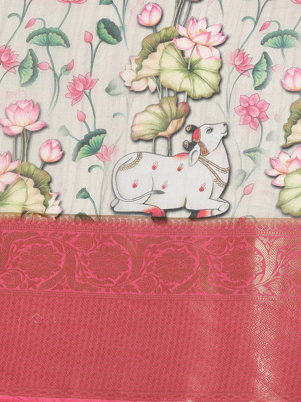 Beige Munga Silk Digital Print Kalamkari Saree with Unstitched Blouse - Hiral Fashion | Grocsy