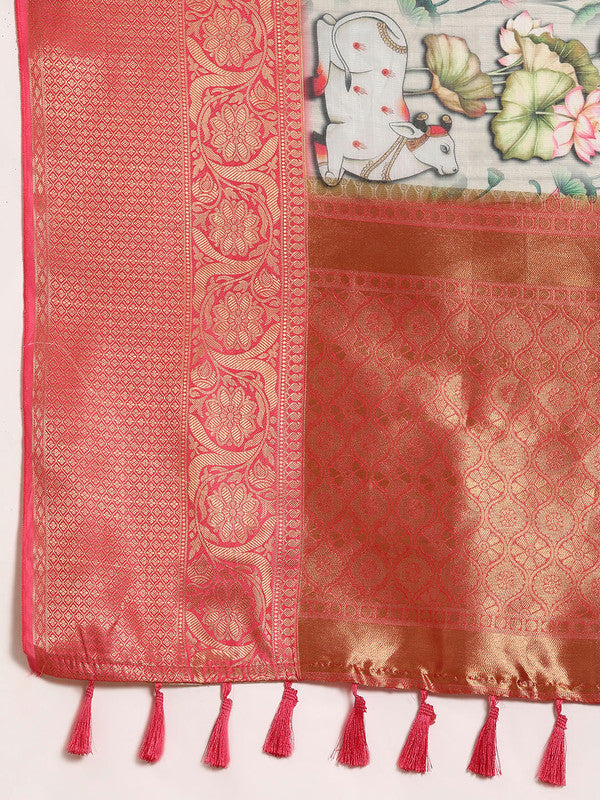 Beige Munga Silk Digital Print Kalamkari Saree with Unstitched Blouse - Hiral Fashion | Grocsy