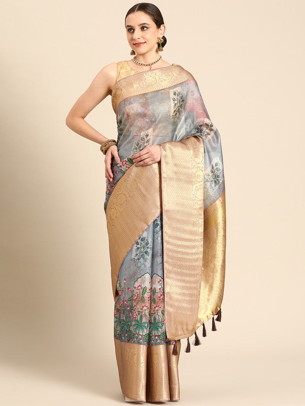 Gray Munga Silk Digital Print Kalamkari Saree with Unstitched Blouse - Hiral Fashion | Grocsy