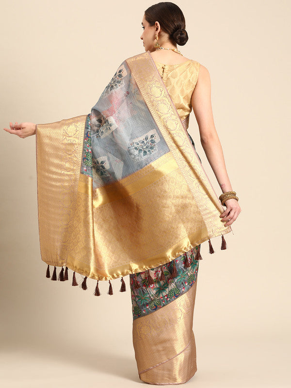 Gray Munga Silk Digital Print Kalamkari Saree with Unstitched Blouse - Hiral Fashion | Grocsy