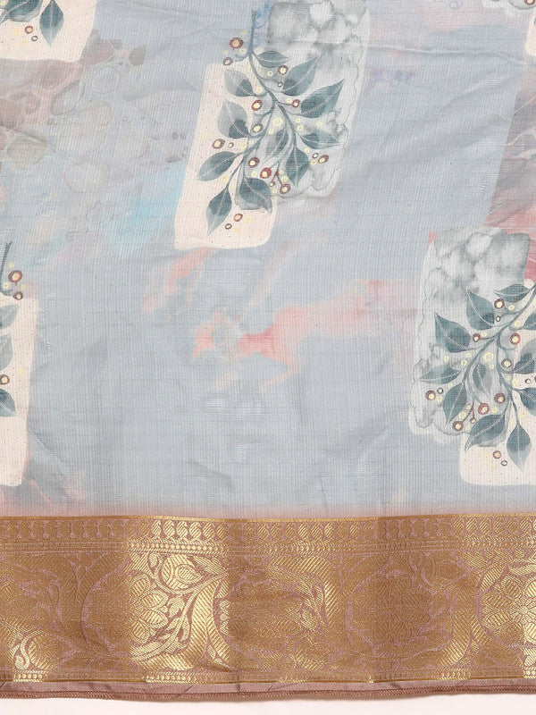 Gray Munga Silk Digital Print Kalamkari Saree with Unstitched Blouse - Hiral Fashion | Grocsy