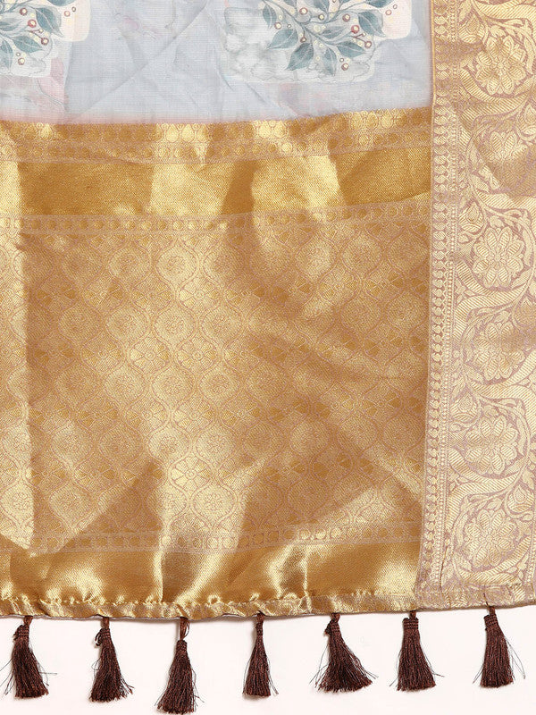 Gray Munga Silk Digital Print Kalamkari Saree with Unstitched Blouse - Hiral Fashion | Grocsy