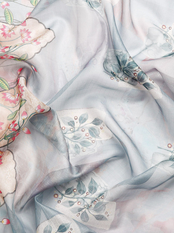 Gray Munga Silk Digital Print Kalamkari Saree with Unstitched Blouse - Hiral Fashion | Grocsy