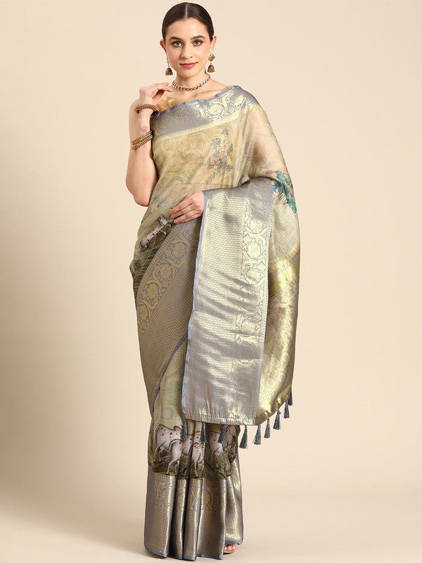 Olive Munga Silk Digital Print Kalamkari Saree with Unstitched Blouse - Hiral Fashion | Grocsy