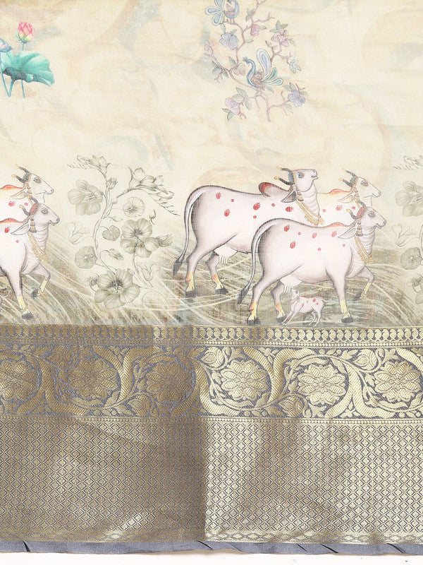 Olive Munga Silk Digital Print Kalamkari Saree with Unstitched Blouse - Hiral Fashion | Grocsy