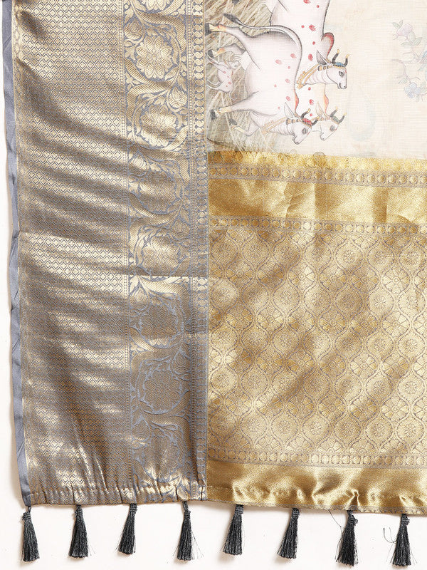 Olive Munga Silk Digital Print Kalamkari Saree with Unstitched Blouse - Hiral Fashion | Grocsy