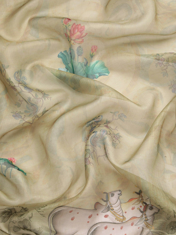 Olive Munga Silk Digital Print Kalamkari Saree with Unstitched Blouse - Hiral Fashion | Grocsy
