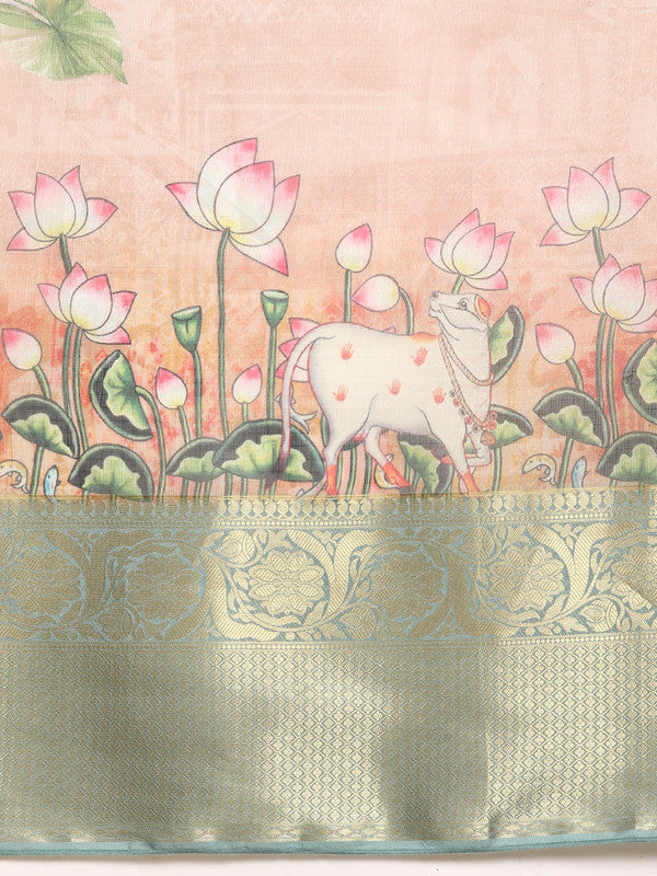 Peach Munga Silk Digital Print Animal Print Saree with Unstitched Blouse - Hiral Fashion | Grocsy