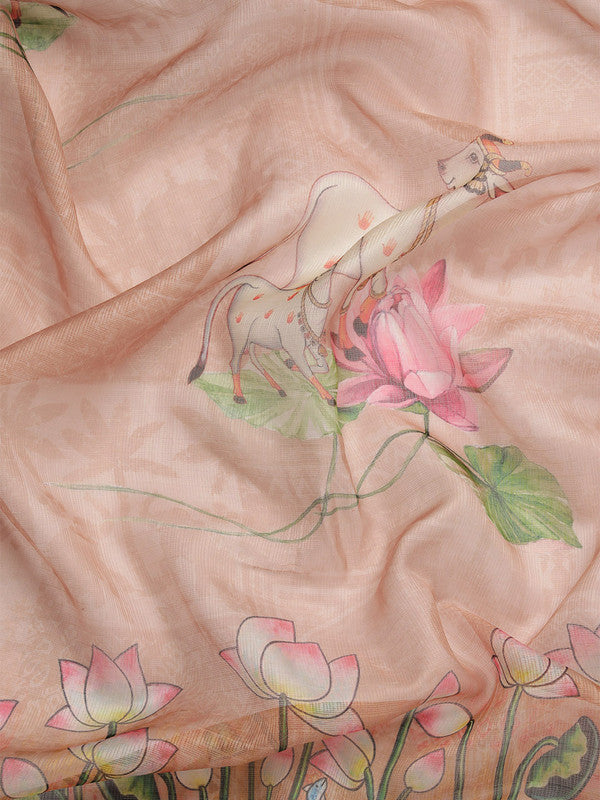 Peach Munga Silk Digital Print Animal Print Saree with Unstitched Blouse - Hiral Fashion | Grocsy