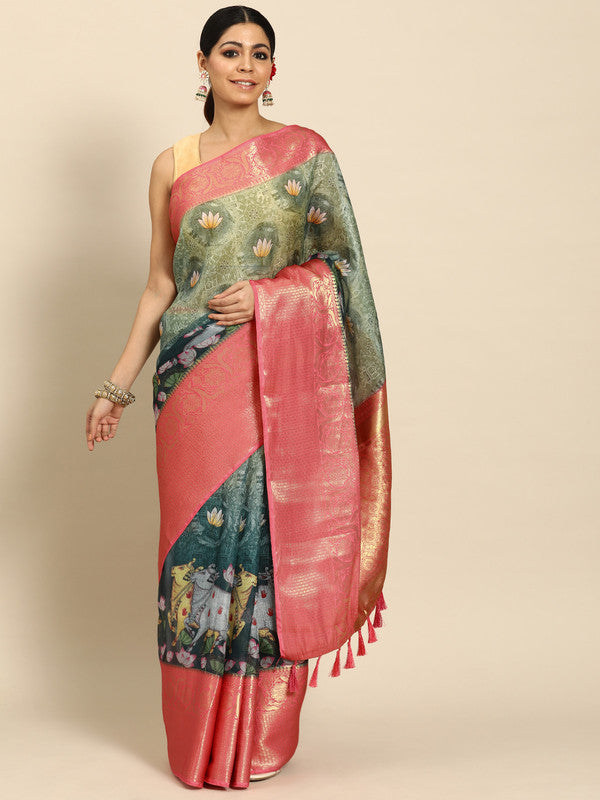 Green Munga Silk Digital Print Animal Print Saree with Unstitched Blouse - Hiral Fashion | Grocsy