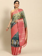 Green Munga Silk Digital Print Animal Print Saree with Unstitched Blouse - Hiral Fashion | Grocsy