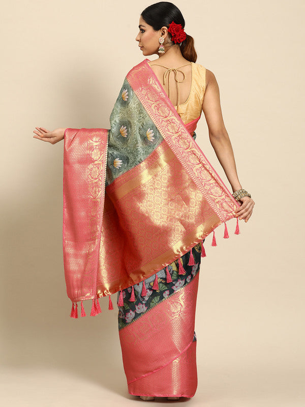 Green Munga Silk Digital Print Animal Print Saree with Unstitched Blouse - Hiral Fashion | Grocsy