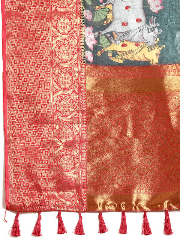 Green Munga Silk Digital Print Animal Print Saree with Unstitched Blouse - Hiral Fashion | Grocsy