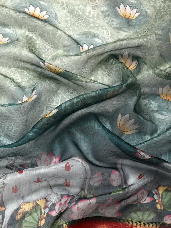 Green Munga Silk Digital Print Animal Print Saree with Unstitched Blouse - Hiral Fashion | Grocsy