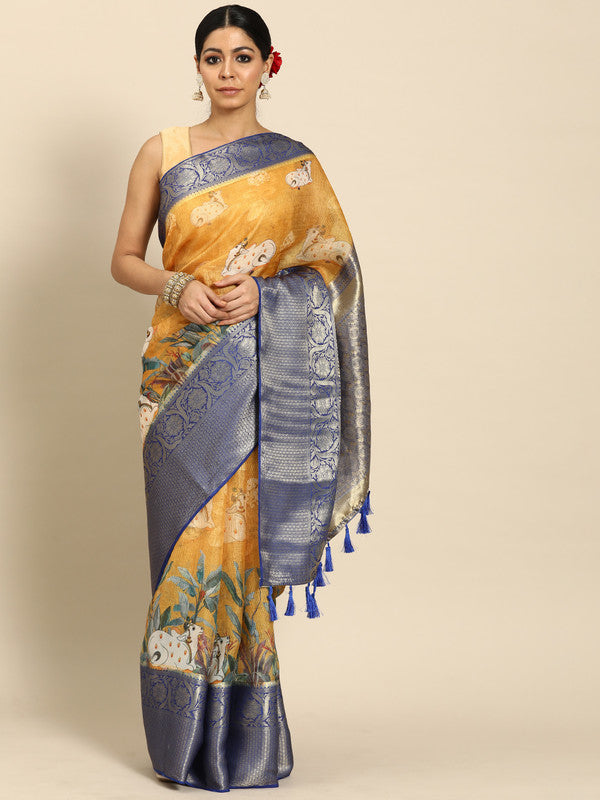 Mustard Munga Silk Digital Print Animal Print Saree with Unstitched Blouse - Hiral Fashion | Grocsy