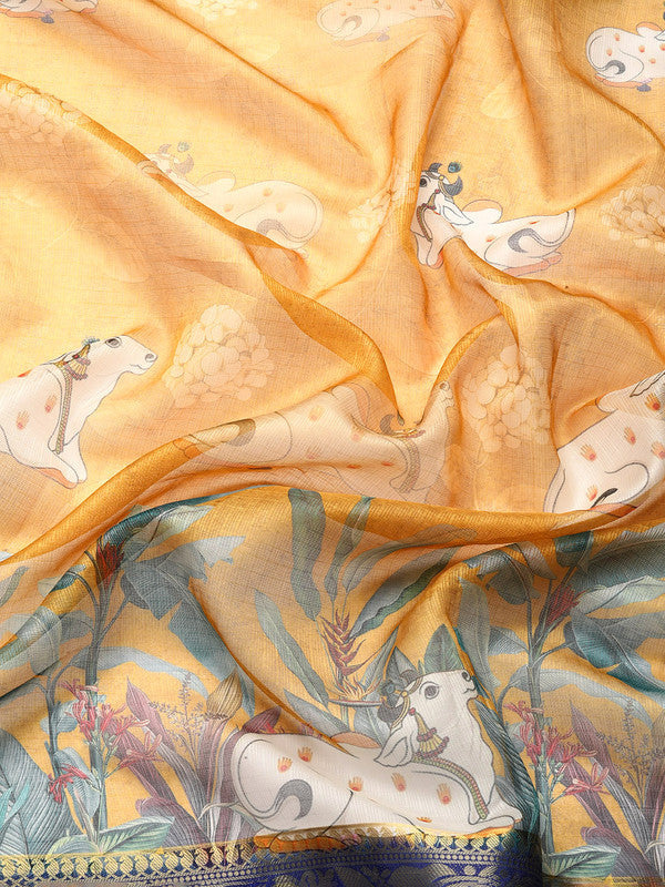Mustard Munga Silk Digital Print Animal Print Saree with Unstitched Blouse - Hiral Fashion | Grocsy