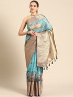 Turquoise Munga Silk Digital Print Animal Print Saree with Unstitched Blouse - Hiral Fashion | Grocsy