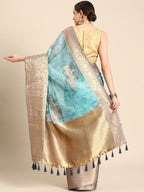 Turquoise Munga Silk Digital Print Animal Print Saree with Unstitched Blouse - Hiral Fashion | Grocsy