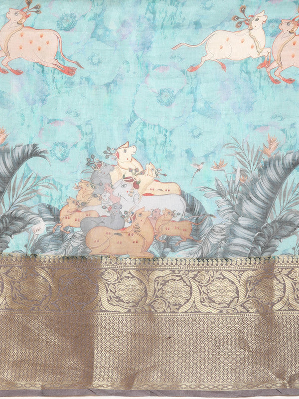 Turquoise Munga Silk Digital Print Animal Print Saree with Unstitched Blouse - Hiral Fashion | Grocsy