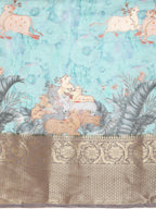 Turquoise Munga Silk Digital Print Animal Print Saree with Unstitched Blouse - Hiral Fashion | Grocsy